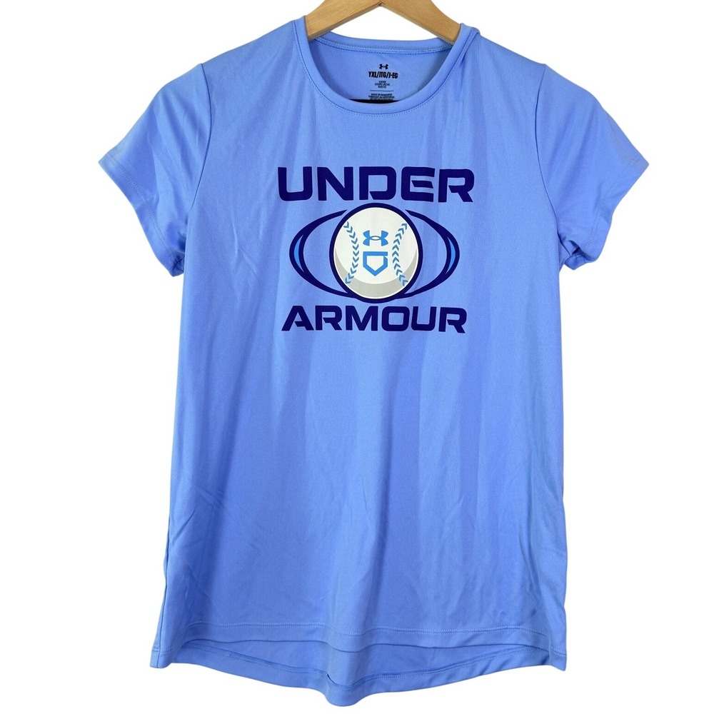 Under Armour Girls YXL Velocity Softball Graphic Tee Blue Short Sleeve 1380767